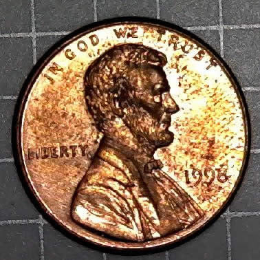 1998-P-Lincoln-Cent-With-Broken-Die-Post-And-Feeder-Finger-Scrapes